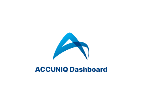 Modré logo ACCUNIQ Dashboard na bielom pozadí s názvom aplikácie pod abstraktnou ikonou pre analýzu telesnej skladby.