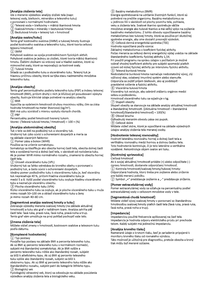 Prehľad výsledkov analýzy telesného zloženia na výsledkovom liste ACCUNIQ BC380 s číslovanými bodmi k telesnej vode, svalom a tuku.