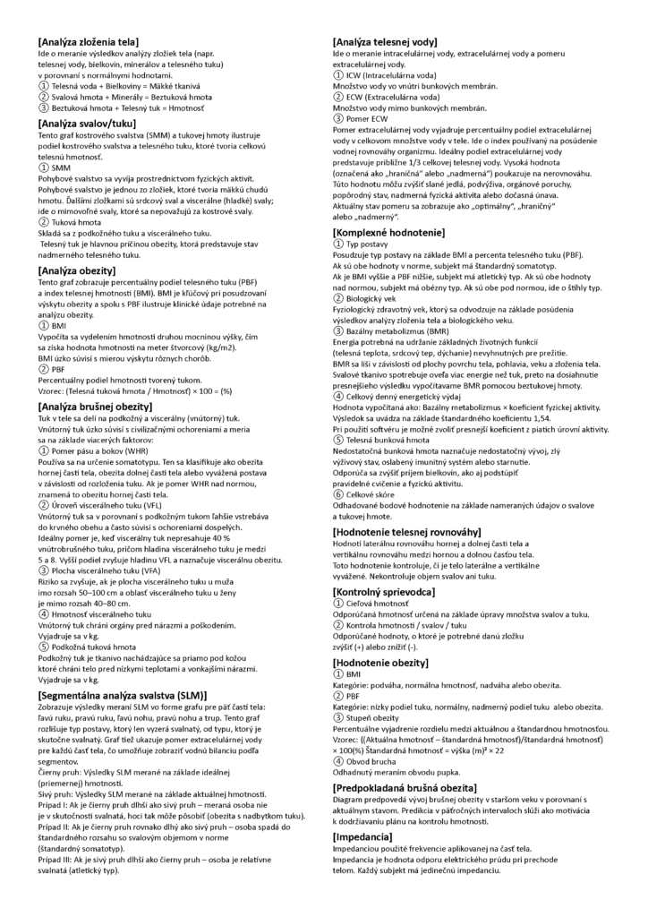 Výsledkový list ACCUNIQ BC720 s popisom analýzy telesnej vody, svalov a tuku, obezity a brušnej obezity na čiernobielom texte.
