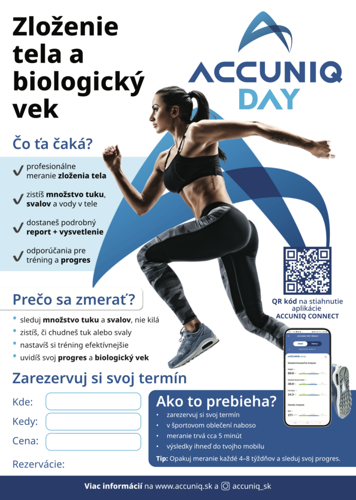 Propagačný vizuál ACCUNIQ DAY s textom „Zloženie tela a biologický vek“ a bežiacou športovkyňou v čiernom oblečení, pri QR kóde.